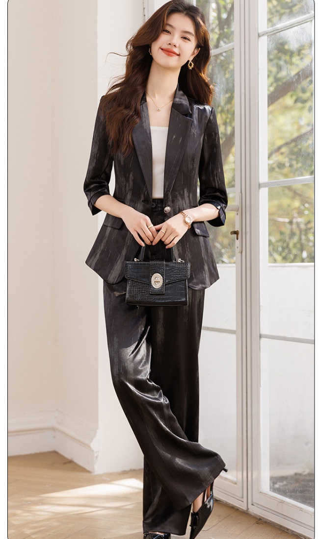 Slim simple wide leg pants thin printing business suit 2pcs set