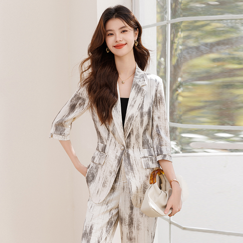 Slim simple wide leg pants thin printing business suit 2pcs set