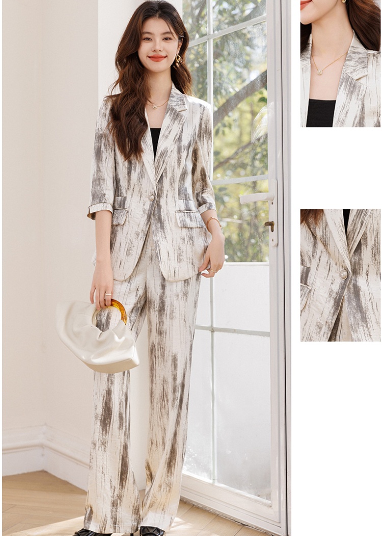 Slim simple wide leg pants thin printing business suit 2pcs set