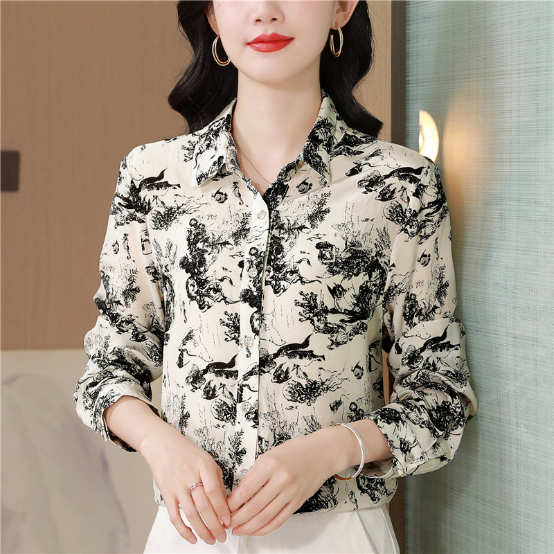 Long sleeve ink tops spring silk shirt for women