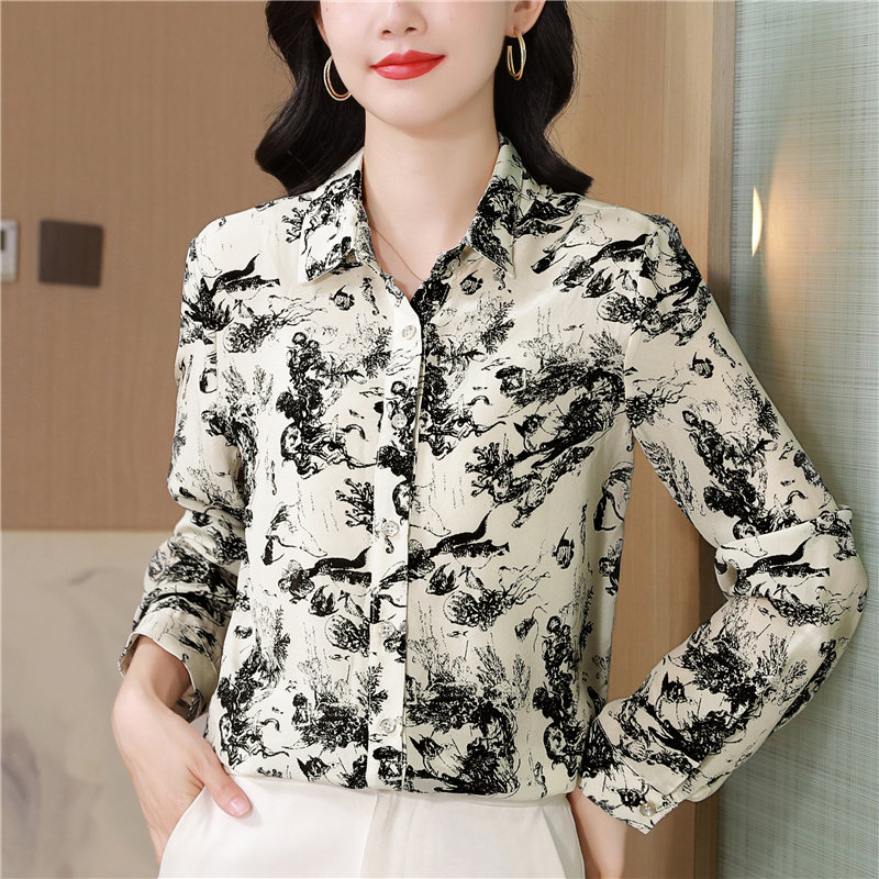 Long sleeve ink tops spring silk shirt for women