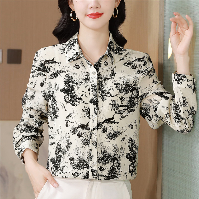 Long sleeve ink tops spring silk shirt for women