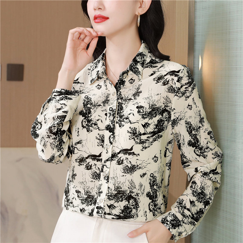 Long sleeve ink tops spring silk shirt for women