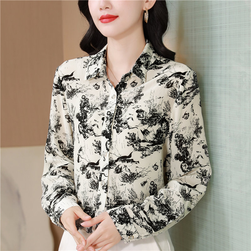 Long sleeve ink tops spring silk shirt for women