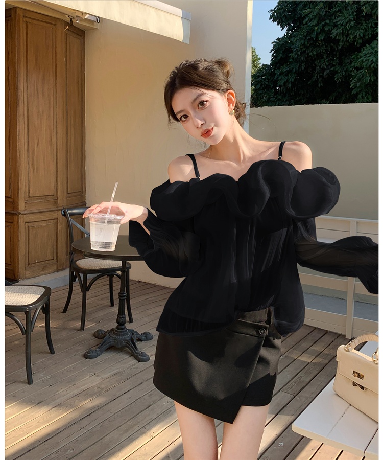 Flat shoulder France style tops strapless shirt for women