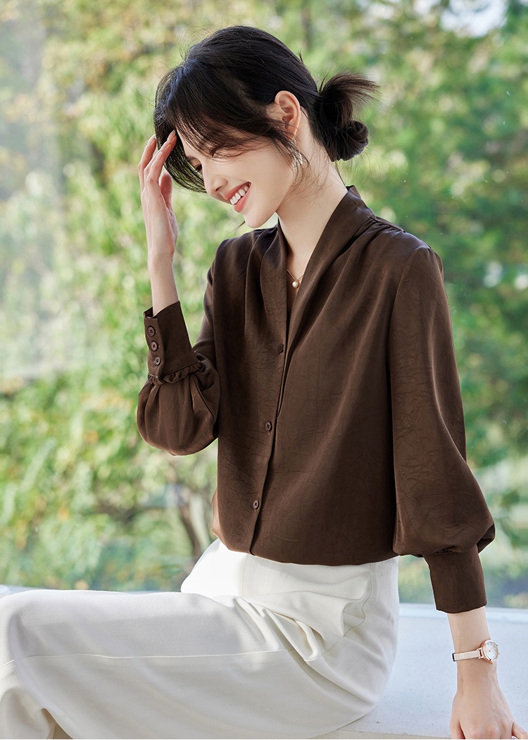 Embossing spring tops long sleeve V-neck shirt for women