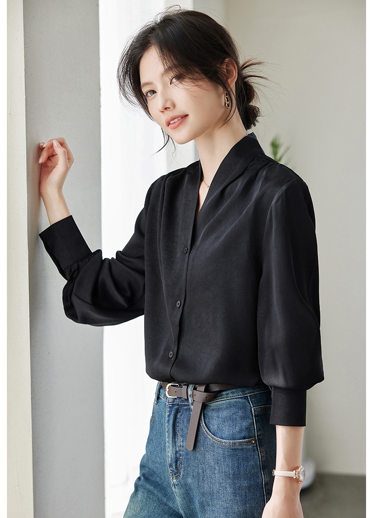 Embossing spring tops long sleeve V-neck shirt for women