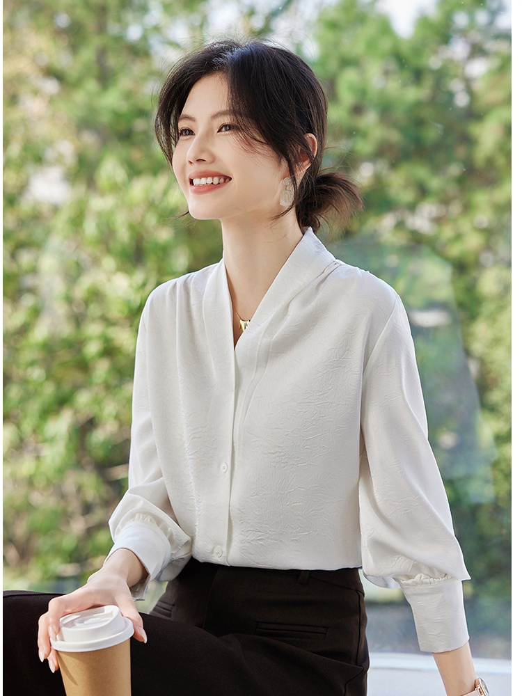 Embossing spring tops long sleeve V-neck shirt for women