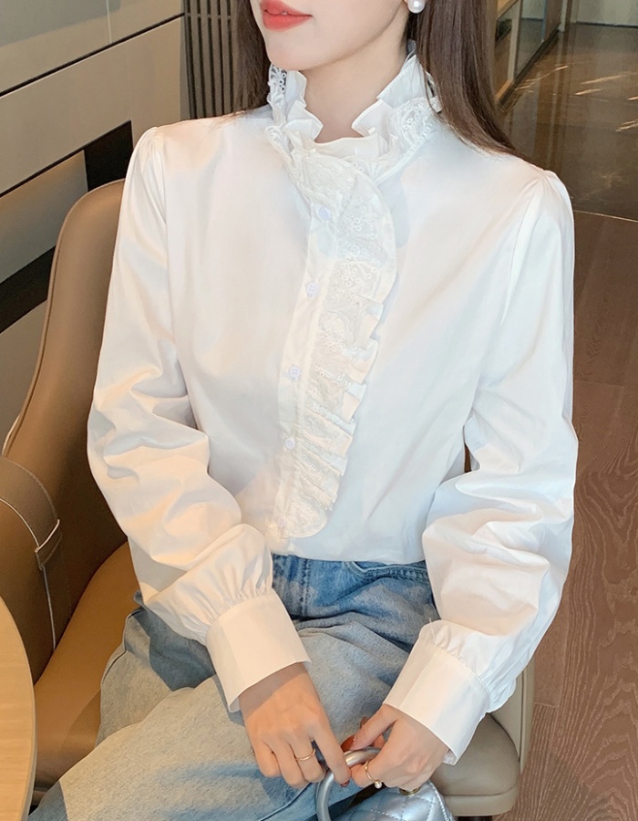 Cotton all-match spring shirt splice cstand collar tops