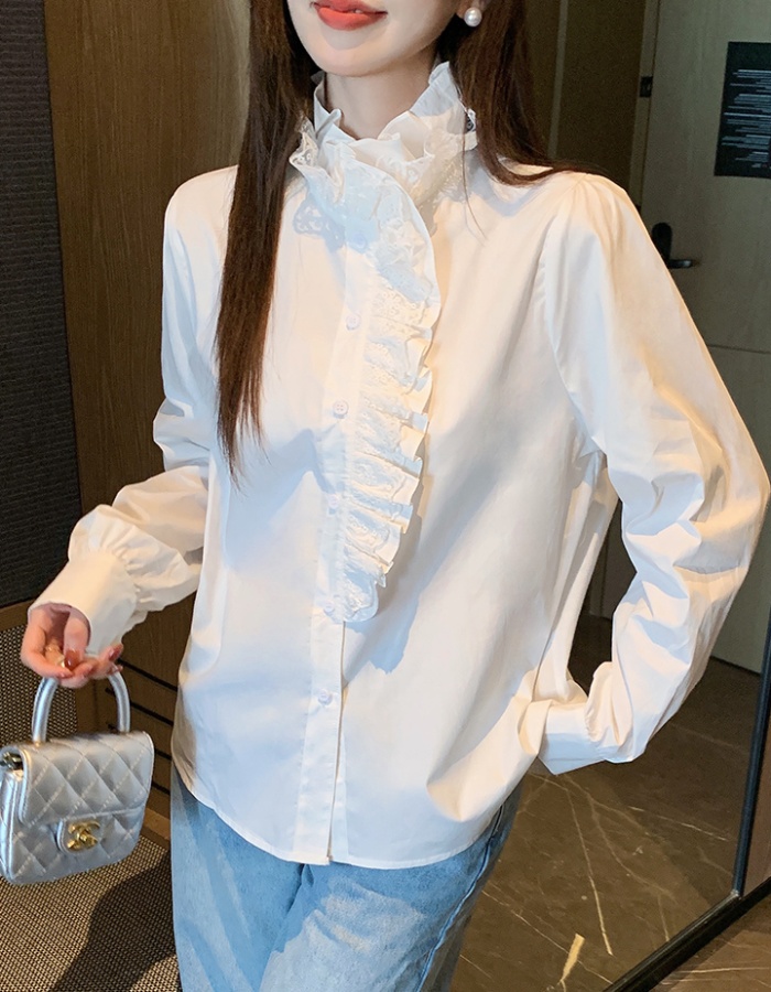 Cotton all-match spring shirt splice cstand collar tops