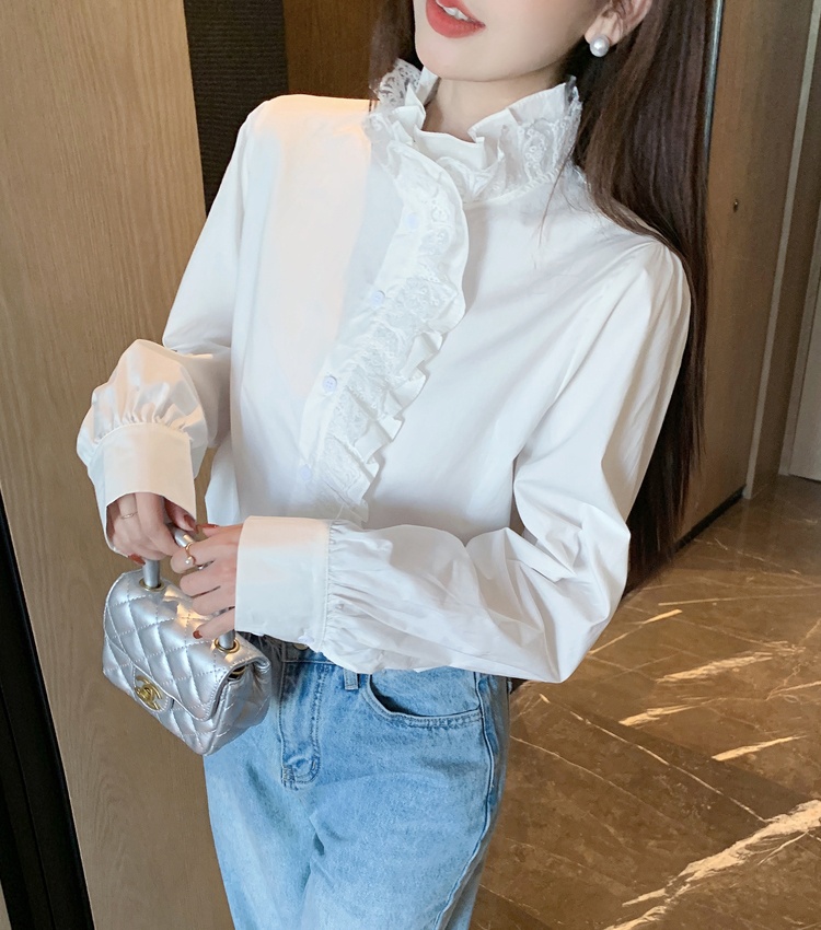 Cotton all-match spring shirt splice cstand collar tops