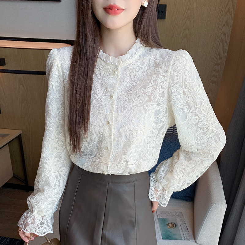 Lace long sleeve tops spring hollow shirt