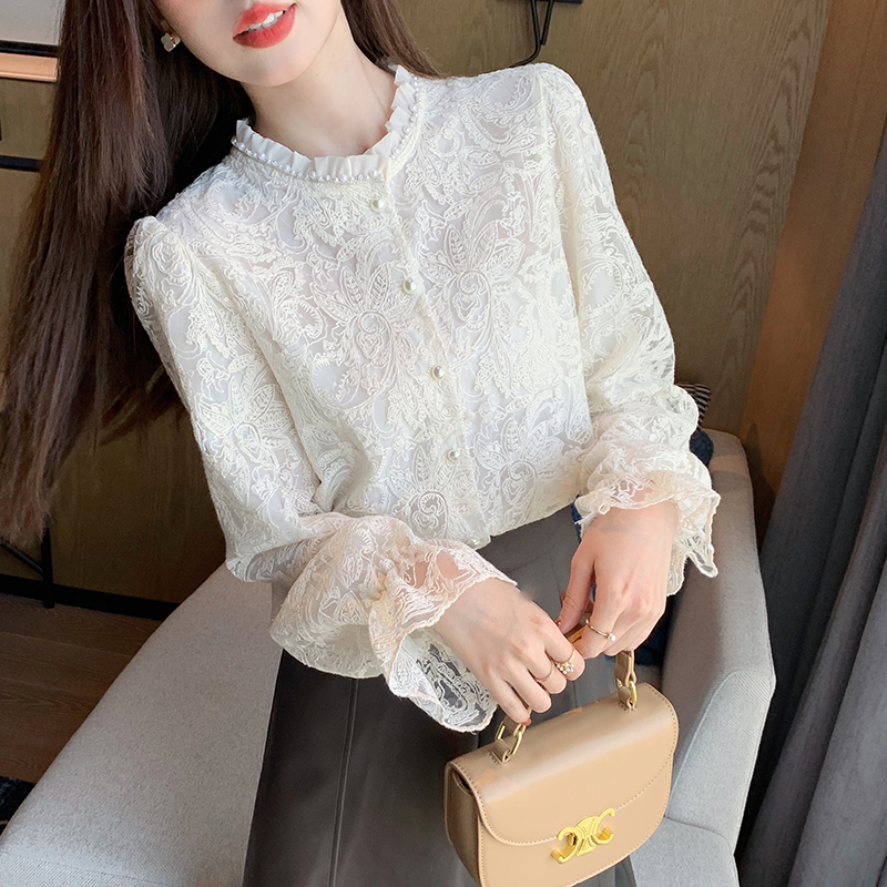 Lace long sleeve tops spring hollow shirt