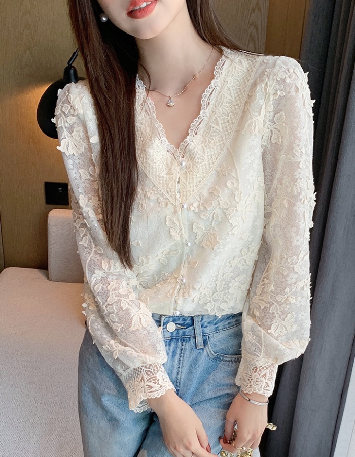 V-neck all-match tops spring sequins small shirt for women