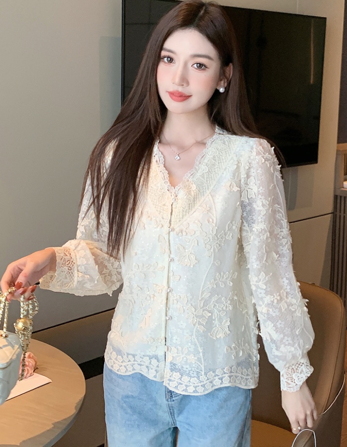 V-neck all-match tops spring sequins small shirt for women