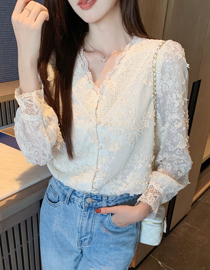 V-neck all-match tops spring sequins small shirt for women