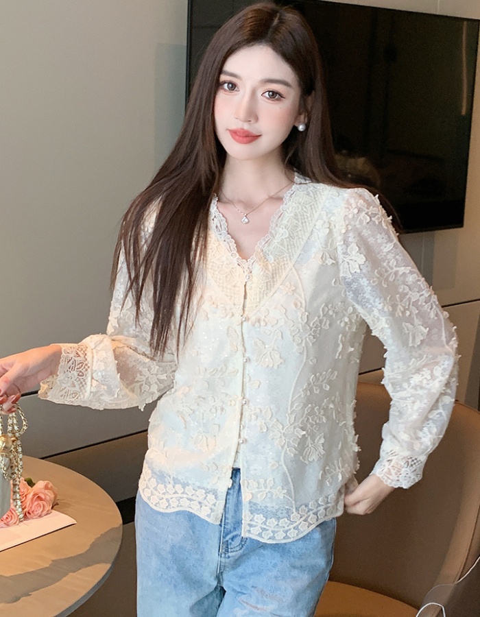 V-neck all-match tops spring sequins small shirt for women