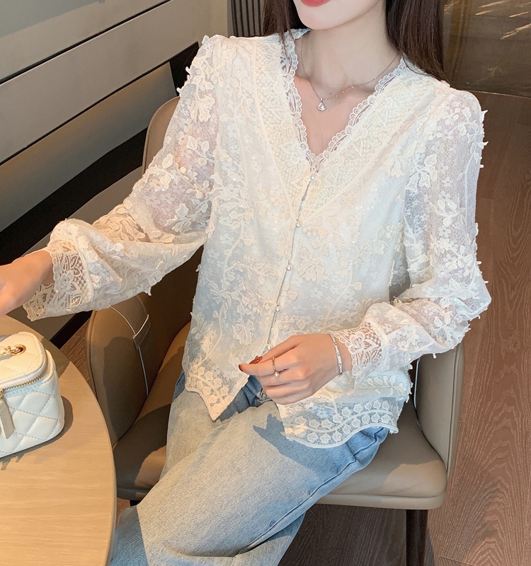 V-neck all-match tops spring sequins small shirt for women