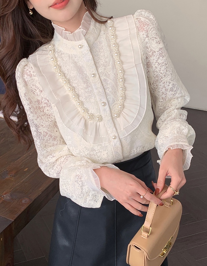 Beading long sleeve tops spring Korean style shirt for women