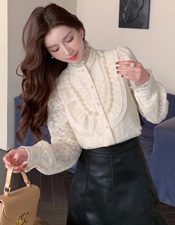 Beading long sleeve tops spring Korean style shirt for women