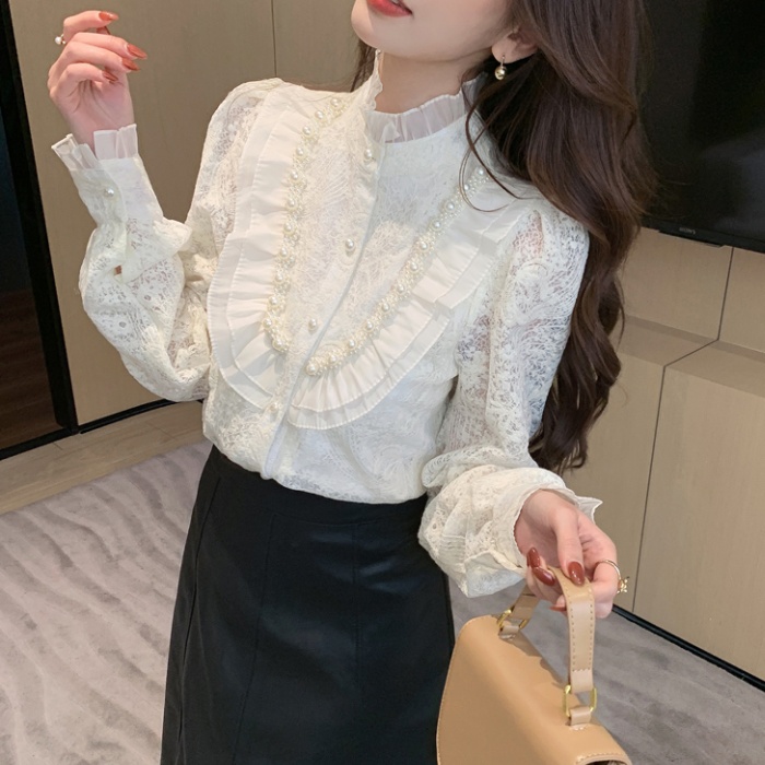 Beading long sleeve tops spring Korean style shirt for women