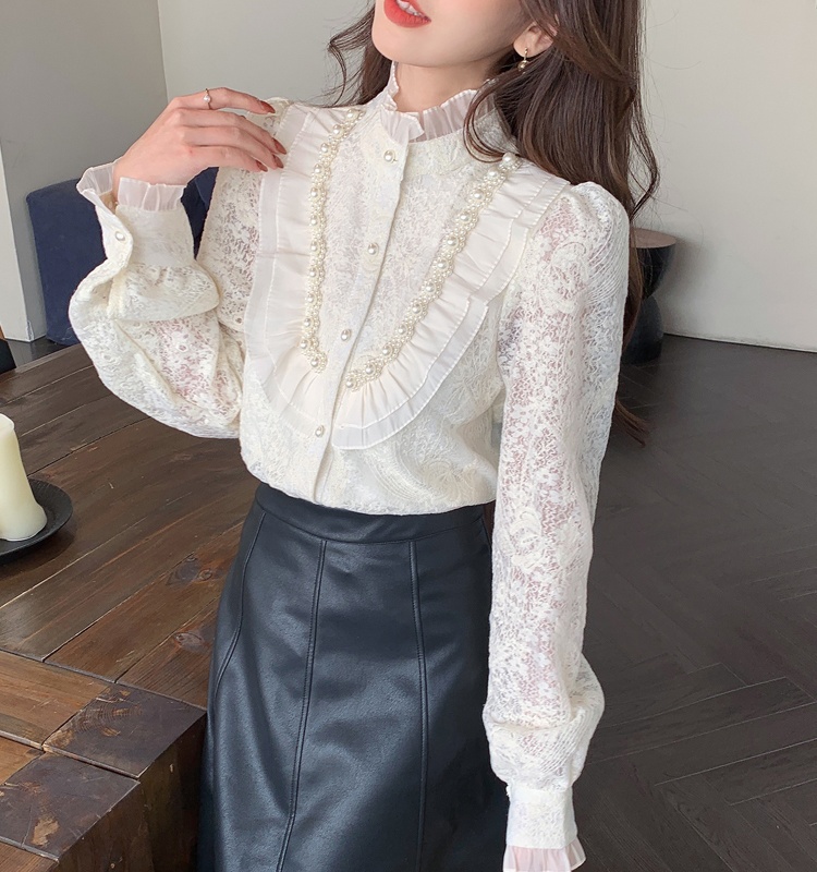 Beading long sleeve tops spring Korean style shirt for women