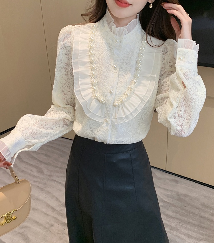 Beading long sleeve tops spring Korean style shirt for women