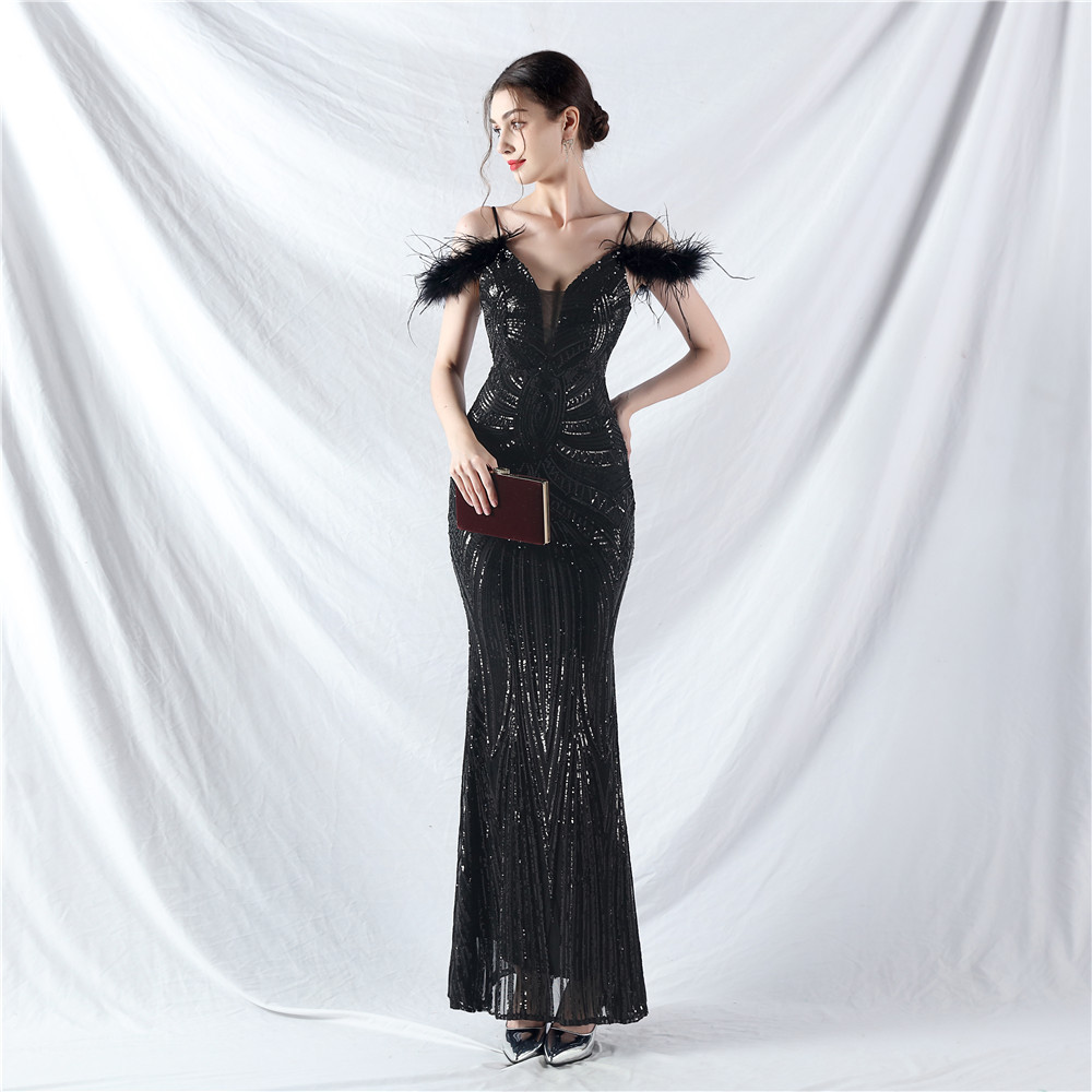 Ostrich hair colors formal dress sequins evening dress