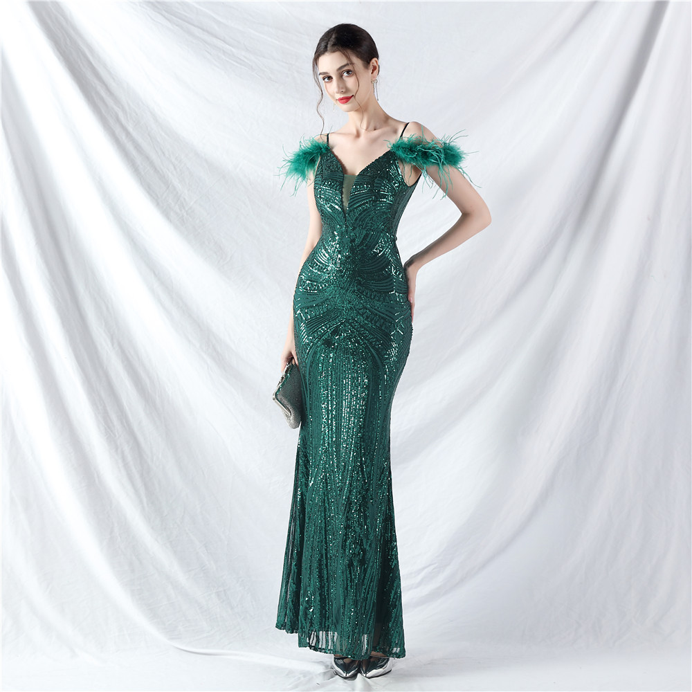 Ostrich hair colors formal dress sequins evening dress