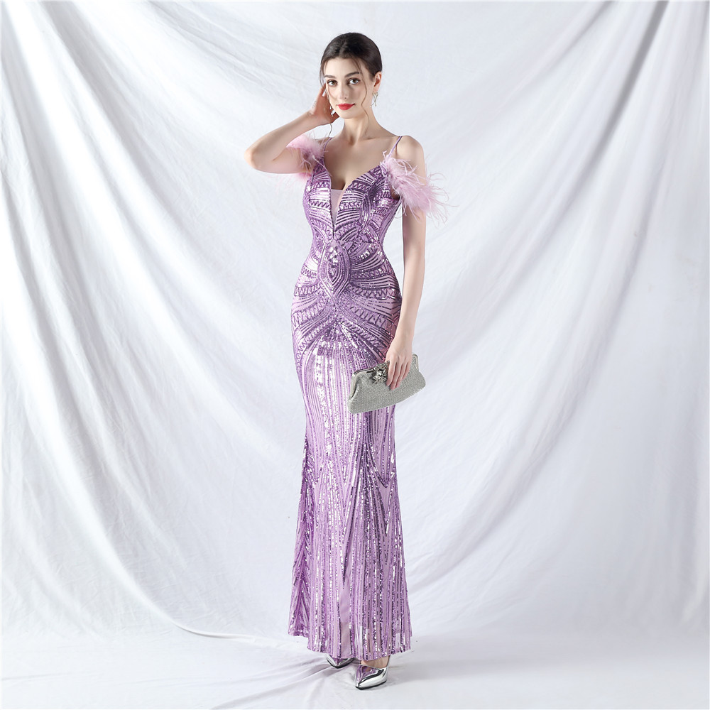 Ostrich hair colors formal dress sequins evening dress