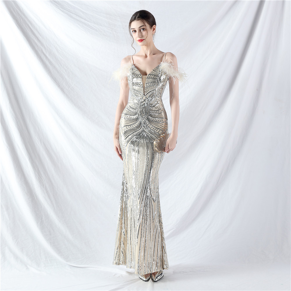 Ostrich hair colors formal dress sequins evening dress