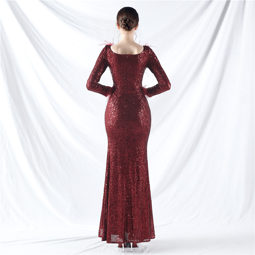 Sequins ostrich hair long sleeve evening dress