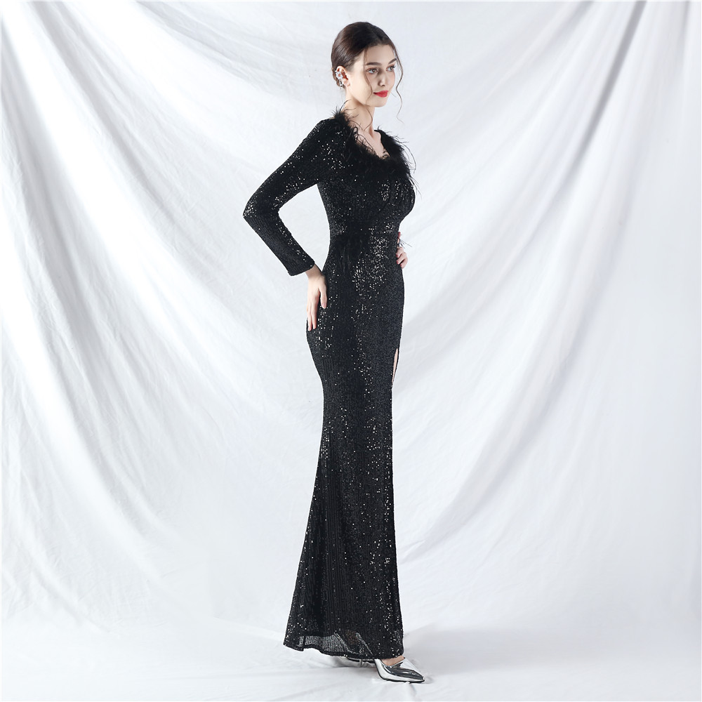 Sequins ostrich hair long sleeve evening dress