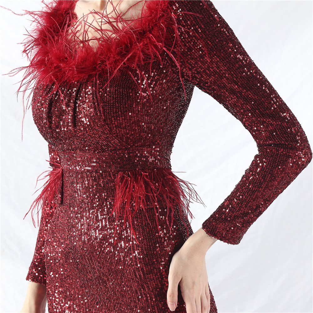 Sequins ostrich hair long sleeve evening dress