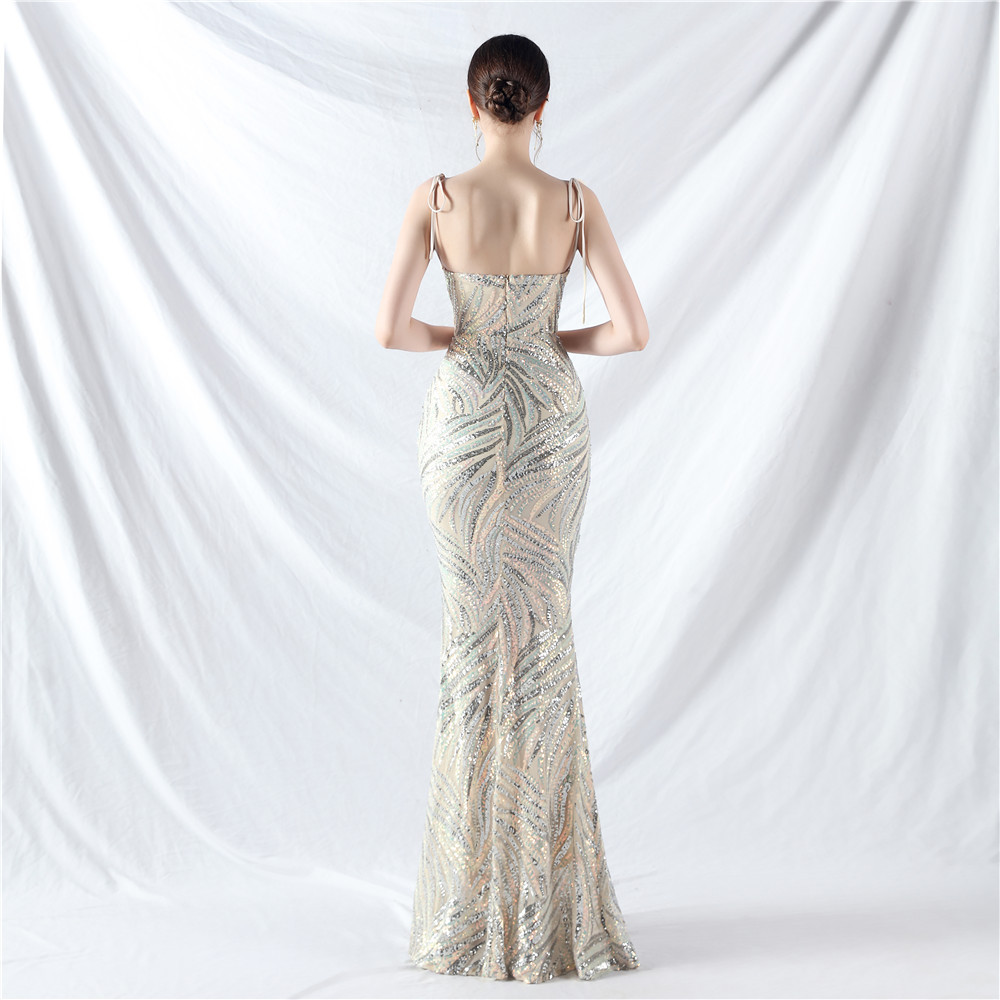 Sequins tying sling wrapped chest evening dress