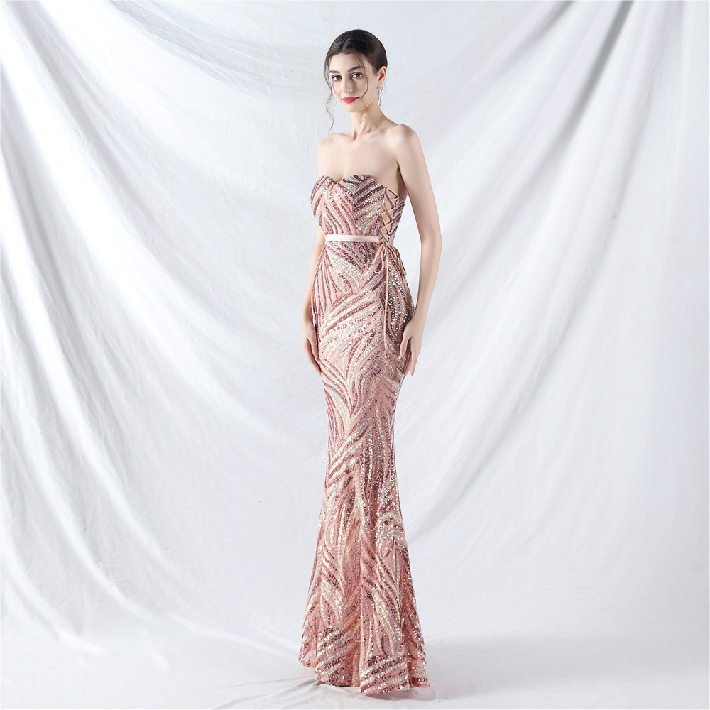 Sequins tying sling wrapped chest evening dress