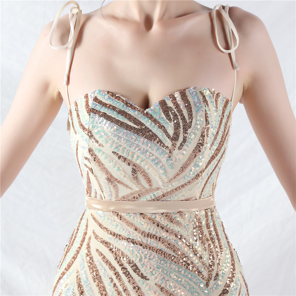 Sequins tying sling wrapped chest evening dress