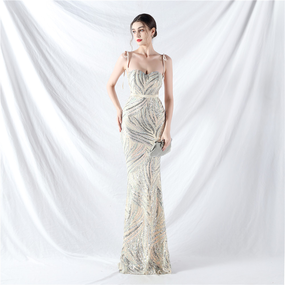 Sequins tying sling wrapped chest evening dress