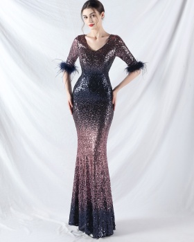 Long sleeve gradient formal dress sequins evening dress