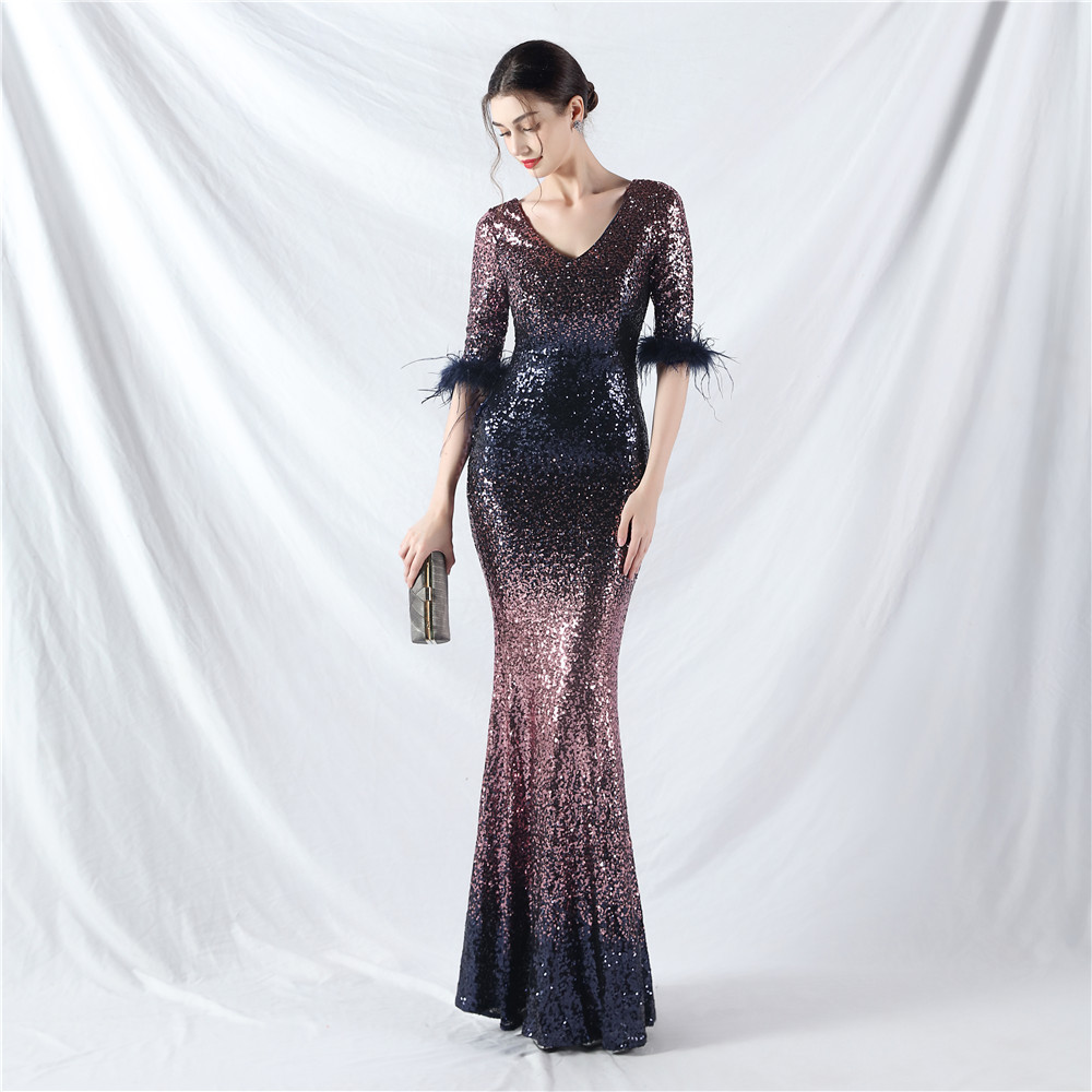 Long sleeve gradient formal dress sequins evening dress