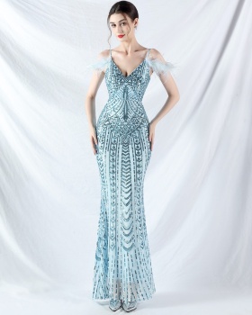 Ostrich hair sequins colors evening dress