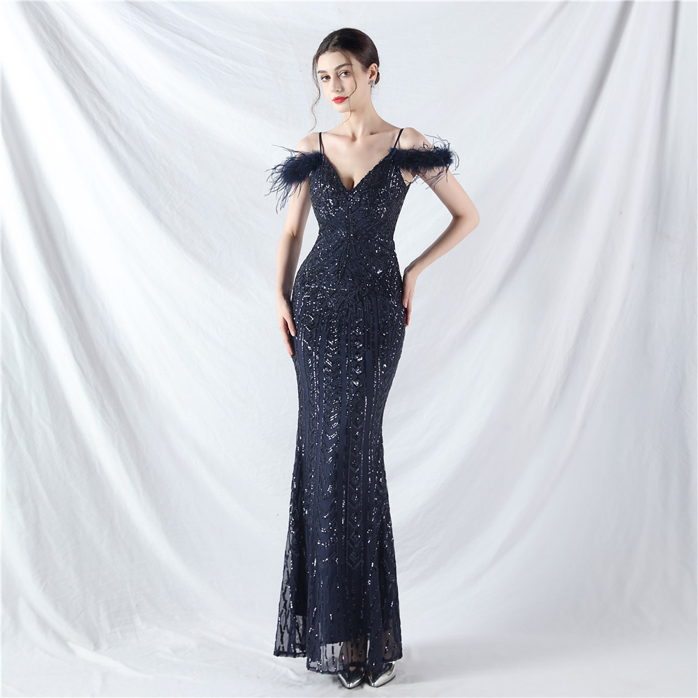 Ostrich hair sequins colors evening dress