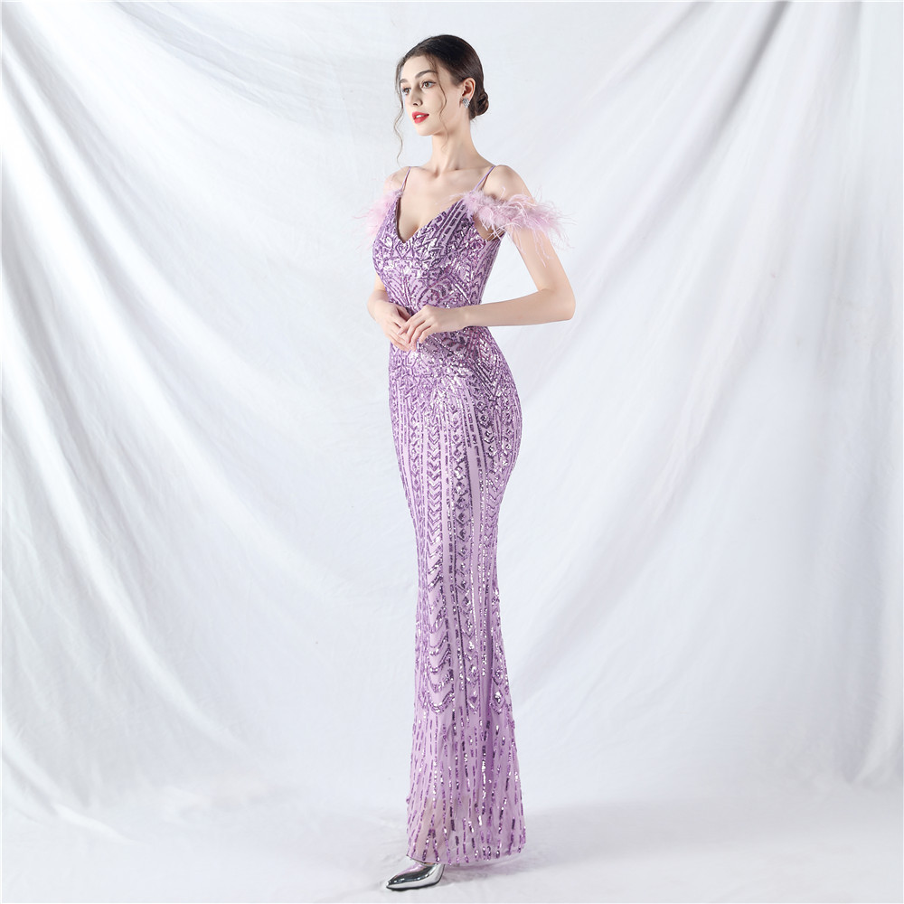 Ostrich hair sequins colors evening dress