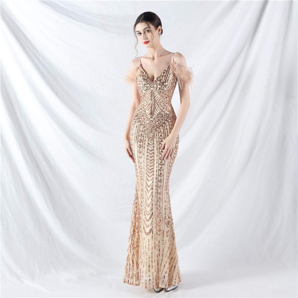 Ostrich hair sequins colors evening dress