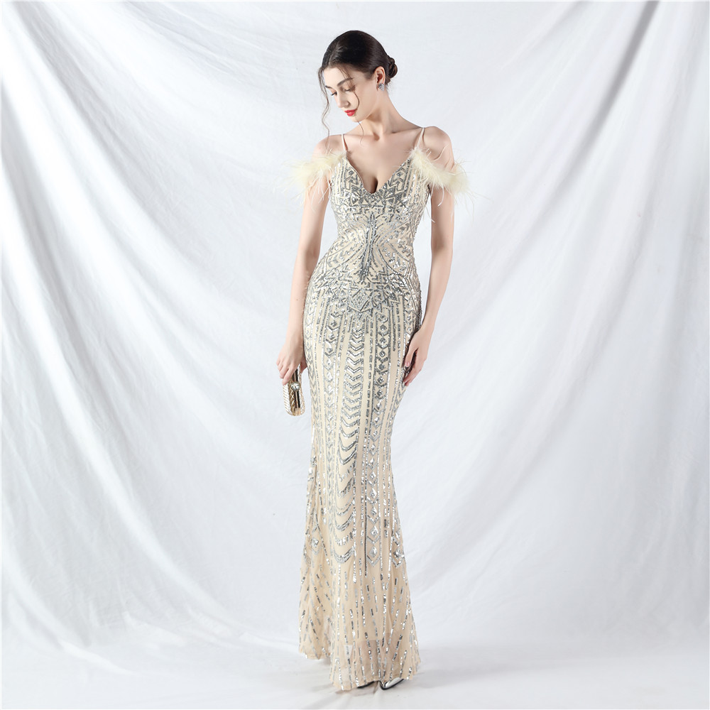 Ostrich hair sequins colors evening dress