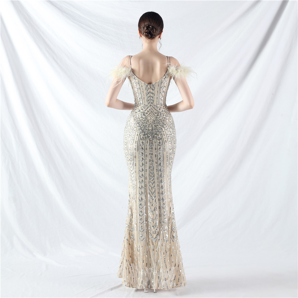 Ostrich hair sequins colors evening dress