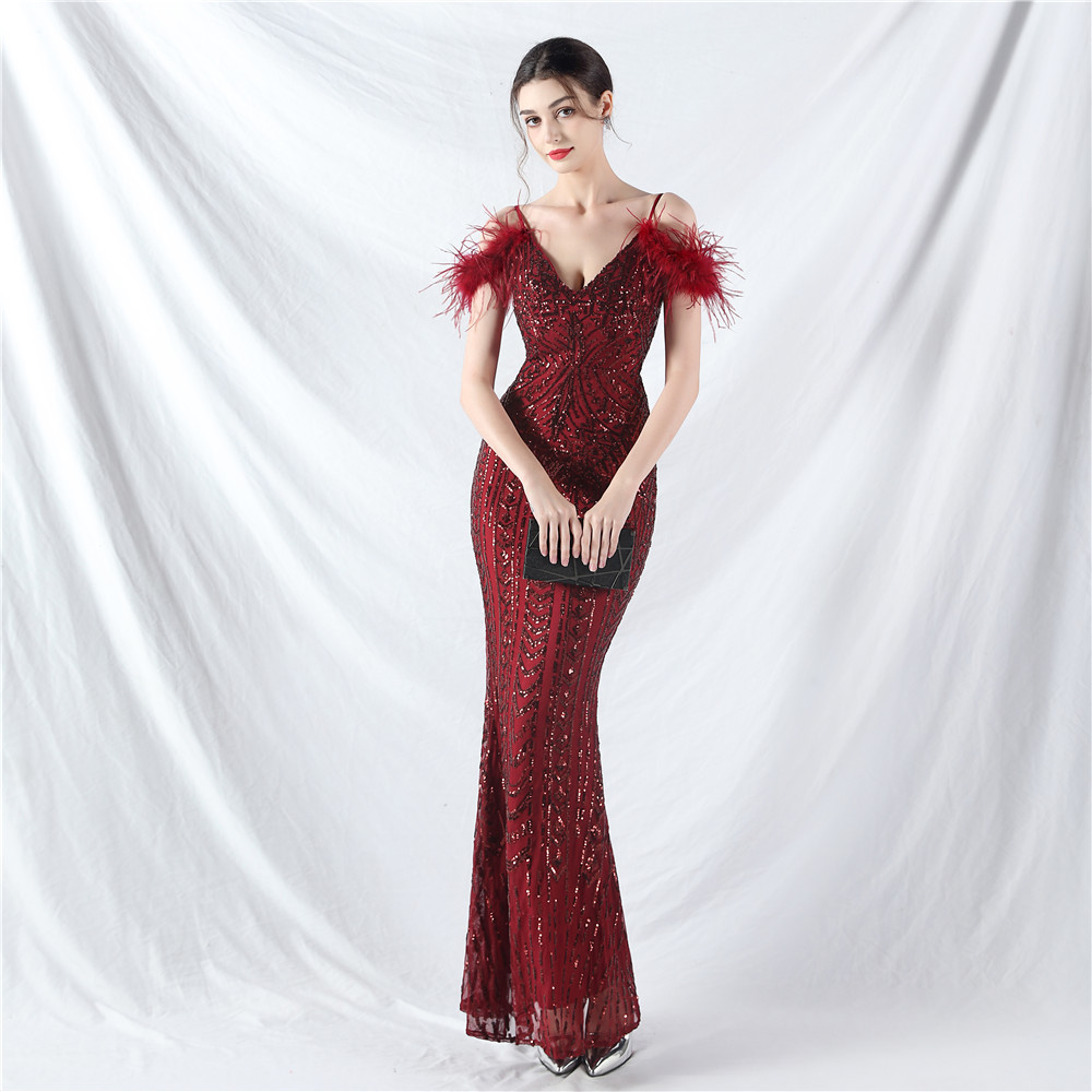 Ostrich hair sequins colors evening dress