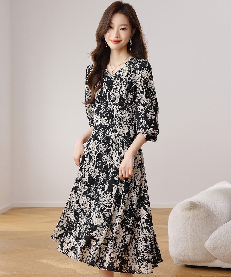 Long sleeve spring pinched waist long slim refinement dress