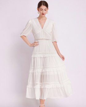 Splice European style spring big skirt lace V-neck dress