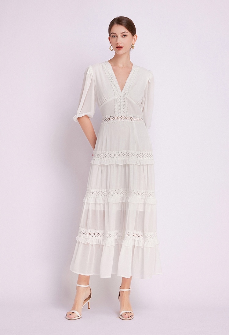 Splice European style spring big skirt lace V-neck dress